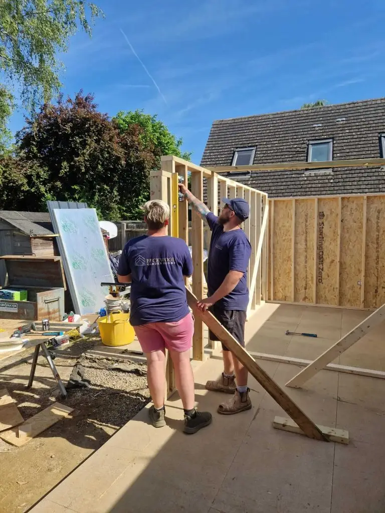 Team planning timber frame for garden room Oxfordshire